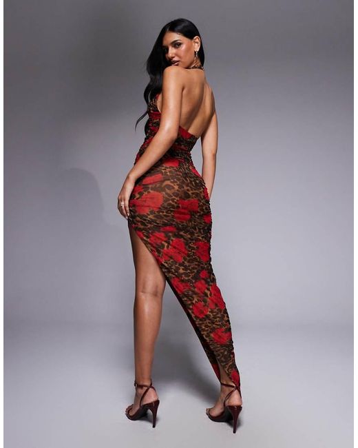 Oh Polly Multicolor Plunge Halter Neck Ruched Sheer Skirt Midi Dress
