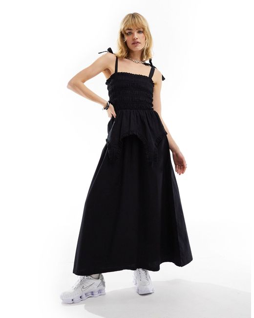 Collusion Black Cotton Shirred Maxi Dress With Corset Detail