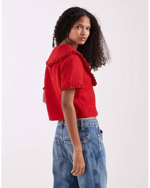 River Island Blue Oversized Collar Detailing Bouclé Top