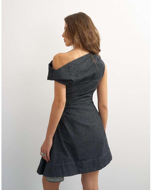 TOPSHOP Black X Cara Denim Asymmetric Off Shoulder Mini Dress