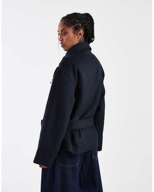 ASOS Blue Low Belt Short Trench Coat With Wool