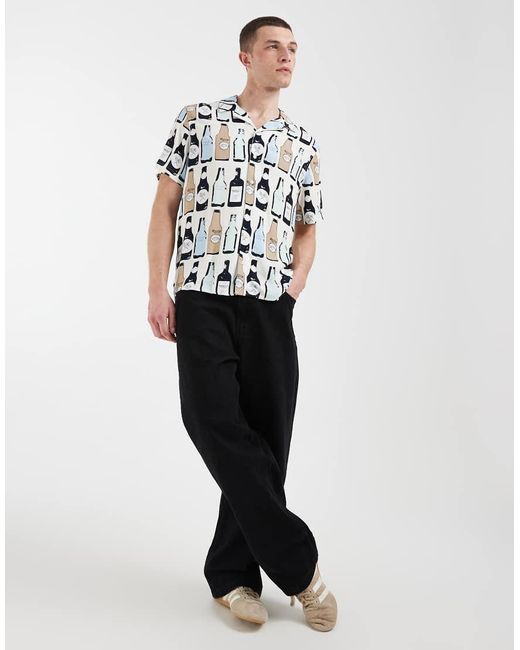 Blend White Bottle Repeat Motif Printed Regular Fit Shirt With Revere Collar for men