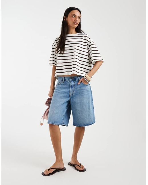 ASOS White Boxy Cropped T-shirt Choc & Cream Stripe