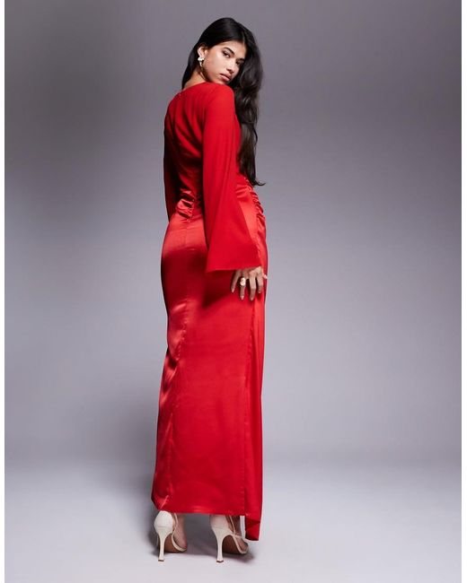 ASOS Red Blouson Sleeve Chiffon Maxi Dress With Satin Wrap Skirt
