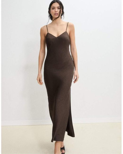 Stradivarius Brown Satin Midi Dress