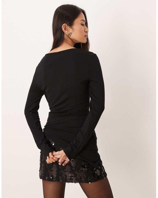 Gina Tricot Black Long Sleeve Asymmetric Tie Front Top