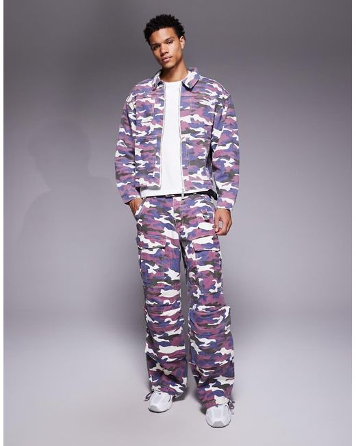 Liquor N Poker Purple Baggy Denim Cargos Co-Ord for men