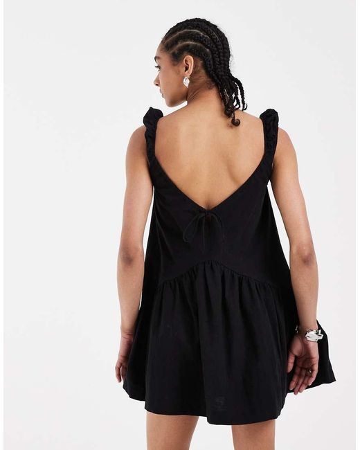 ASOS Black Puff Sleeve Linen Mix Mini Dress