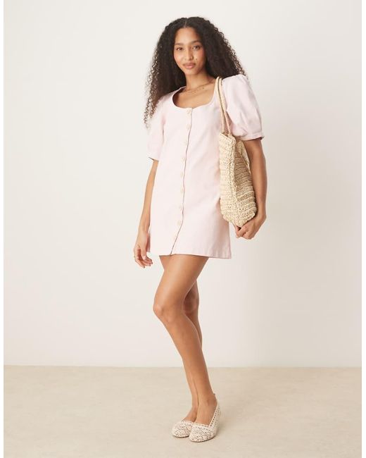 ASOS Pink Denim Button Through Mini Dress With Puff Sleeves