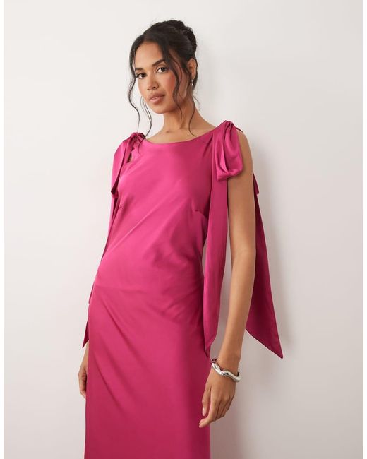 TFNC London Pink Satin Bow Shoulder Low Back Maxi Dress