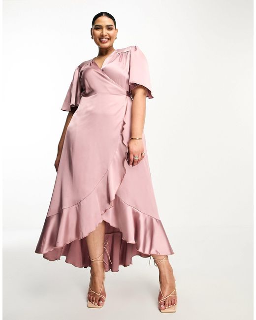 Flounce London Pink Wrap Front Satin Midi Dress With Flutter Sleeves