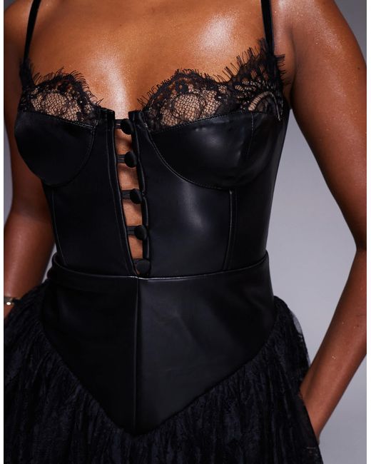 The Dolls House Black Roxanna Pu Lace Corset Drop Hem Playsuit