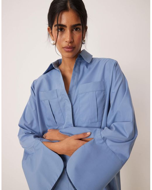 ASOS Blue Mini Shirt Dress With Wide Cuffs And Oversized Pockets