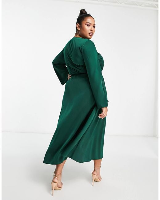 ASOS Green Asos Design Curve Bias Cut Satin Wrap Dress With Tie Waist