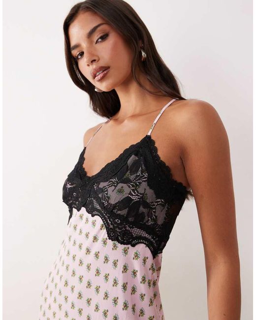 AFRM Pink Vince Printed Mesh Lace Detail Cross Back Midi Dress