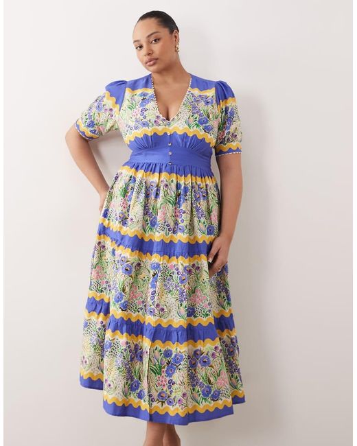 Hope & Ivy Plus Blue V-neck Puff Sleeve Midi Smock Dress