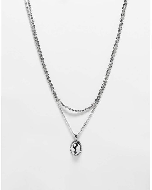 Reclaimed (vintage) Unisex 2 Row Necklace With Chain And Black And White Stone