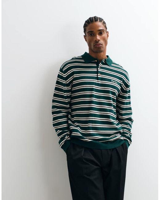 Parlez Green Stripe Long Sleeve Knitted Polo Shirt for men