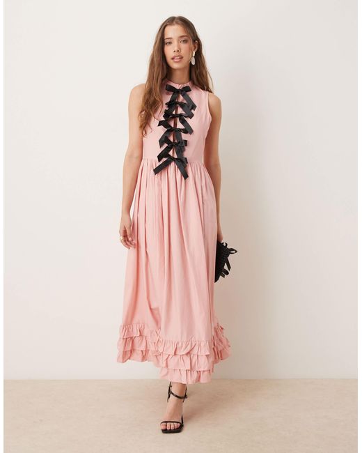 Sister Jane Pink Contrast Bow Ruffle Midaxi Dress