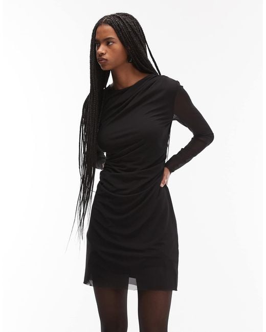 & Other Stories White Long Sleeve Mini Mesh Dress With Drape Detail