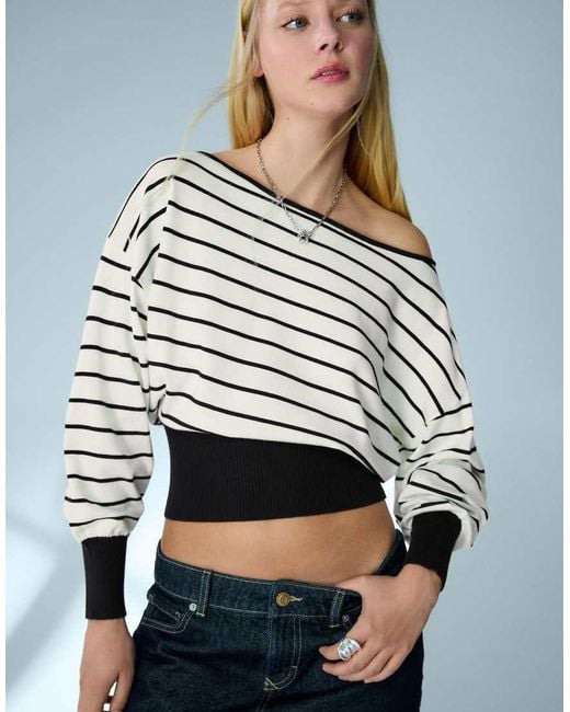 Bershka White Asymmetric Neck Print Jumper