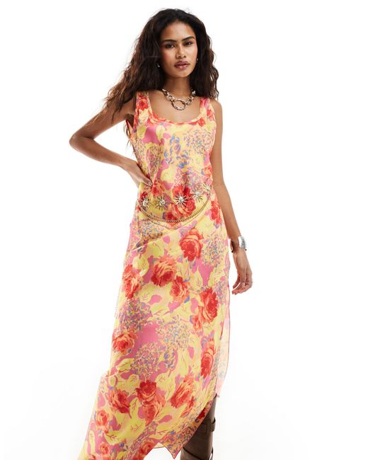 Free People White Bold Floral Scoop Neck Satin Maxi Dress