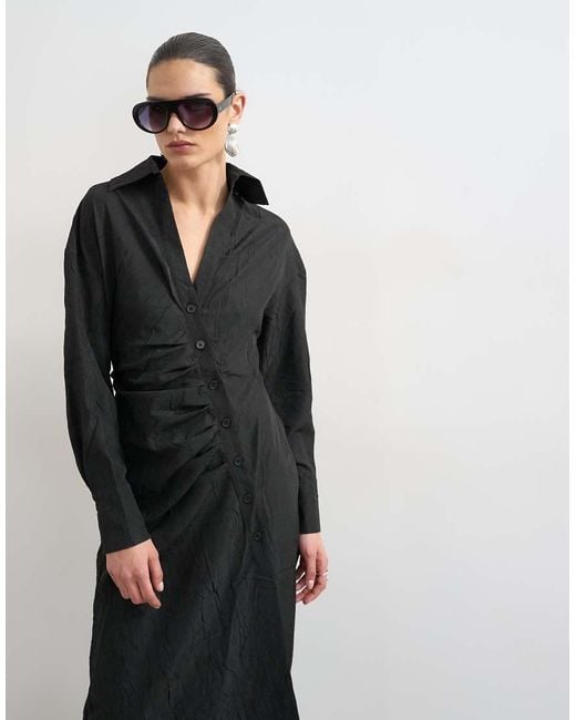 TOPSHOP Blue Open Collar Ruched Long Sleeve Midi Shirt Dress