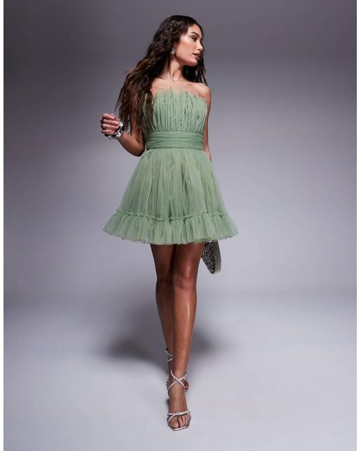 LACE & BEADS Green Bandeau Structured Mini Dress