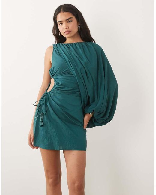 ASOS Green One Shoulder Blouson Mini Dress With Cut Out Waist