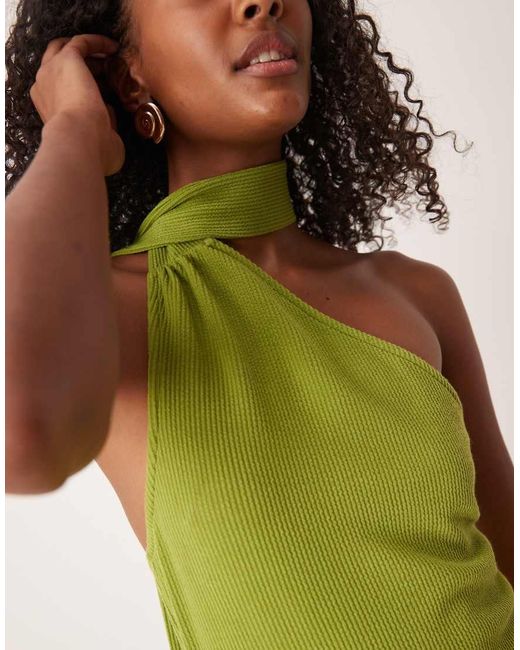 ASOS Green Ribbed One Shoulder Neck Scarf Midi Dress