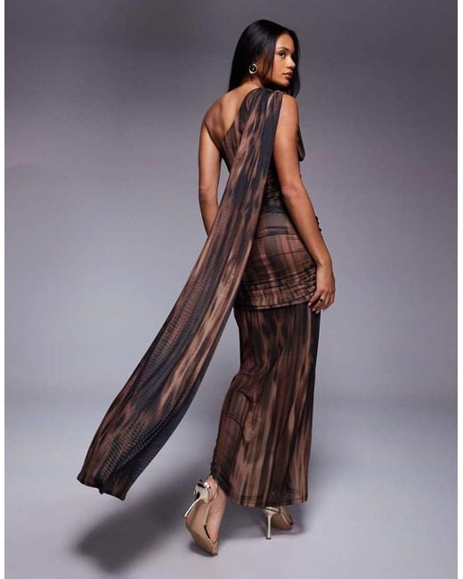 Printed Mesh Strapless Ruched Asymmetric maxi Dress-Peach Orange