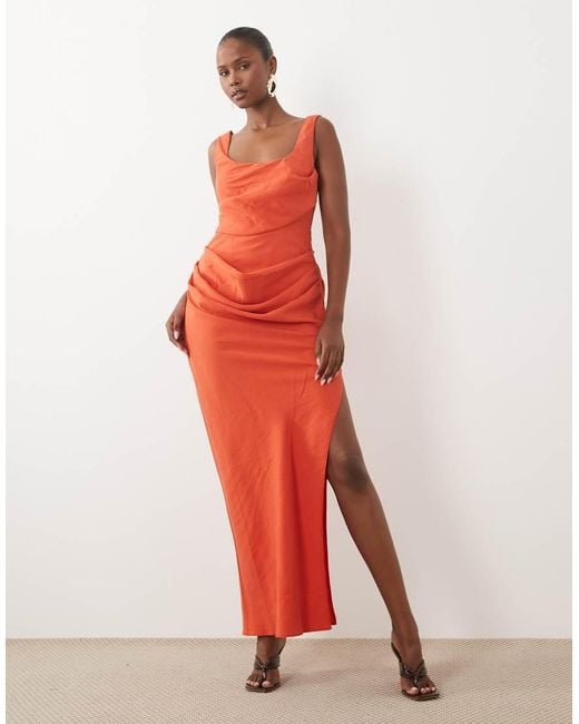 ASOS Red Square Neck Draped Bodice And Waist Detail Maxi Dress With Side Split