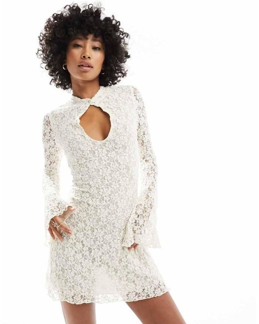 Motel White Silvanna Key Hole Lace Long Sleeve Mini Dress