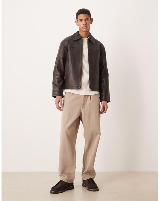 SELECTED Brown Leather Zip Jacket for men