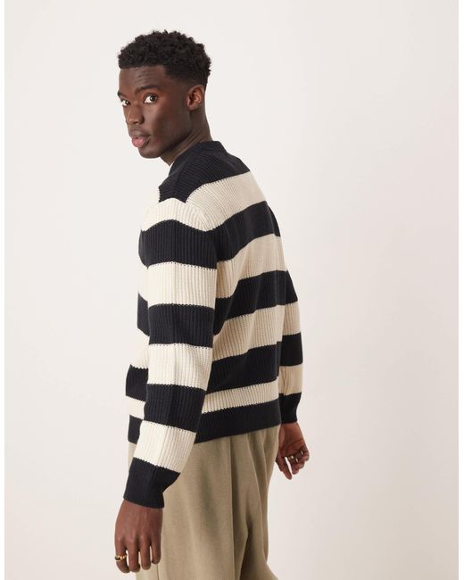 ASOS Natural Oversized Boxy Fit Knitted Fisherman Rib Jumper With Stripe for men