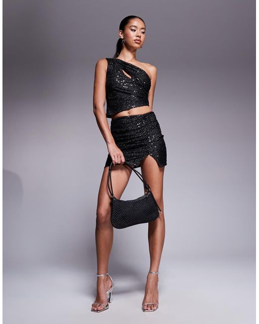 Minifalda Negra Con Detalle De Abertura Fruncida De Lentejuelas De (Parte De Un Conjunto) ASOS de color Blue