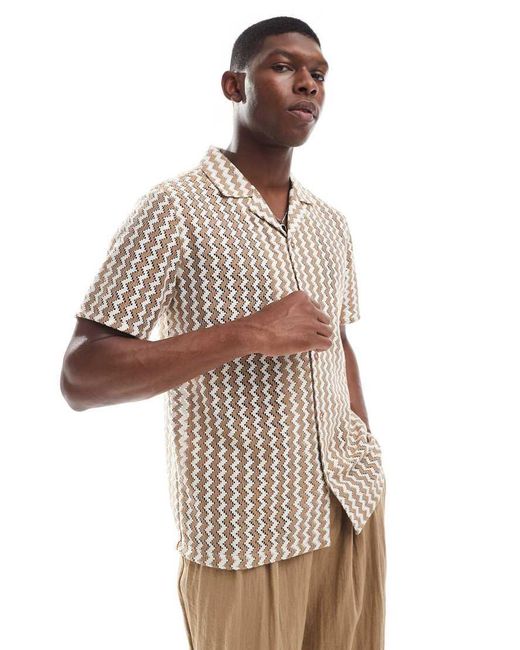 New Look Brown Zig Zag Revere Crochet Shirt for men