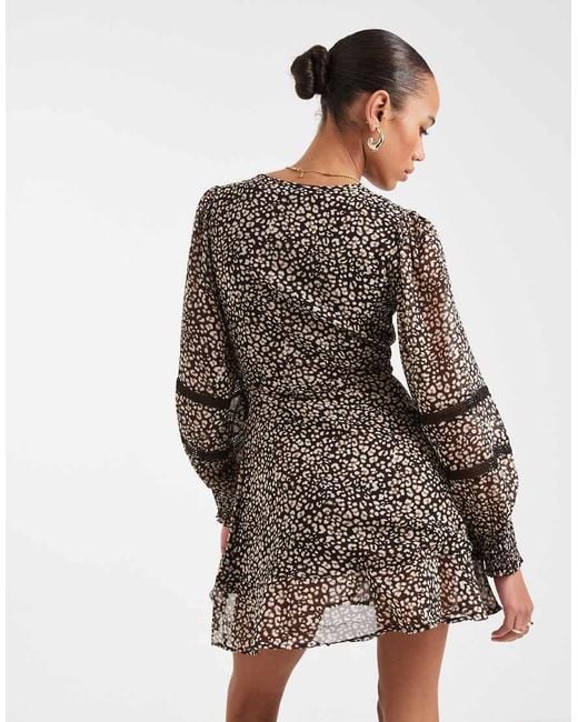 Wednesday's Girl Brown Wrap Detail Smudge Leopard Print Mini Dress