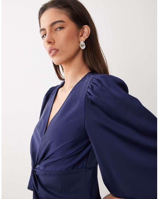 Y.A.S Blue Knot Front Volume Sleeve Satin Midi Dress