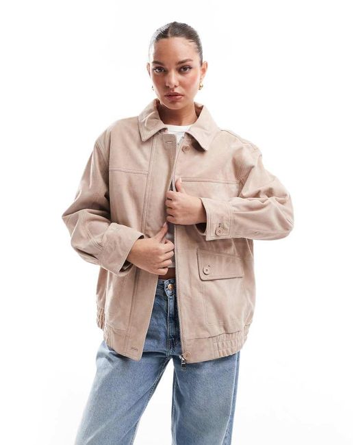 Chaqueta Bomber Extragrande De Ante Auténtico De -Azul ASOS de color Natural