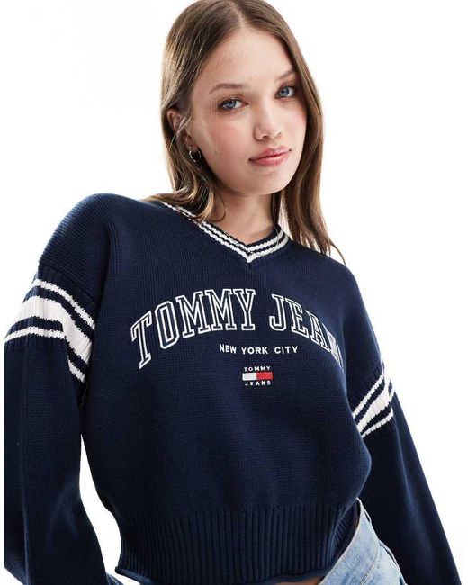 Tommy Hilfiger Blue Crop Varsity V Neck Jumper