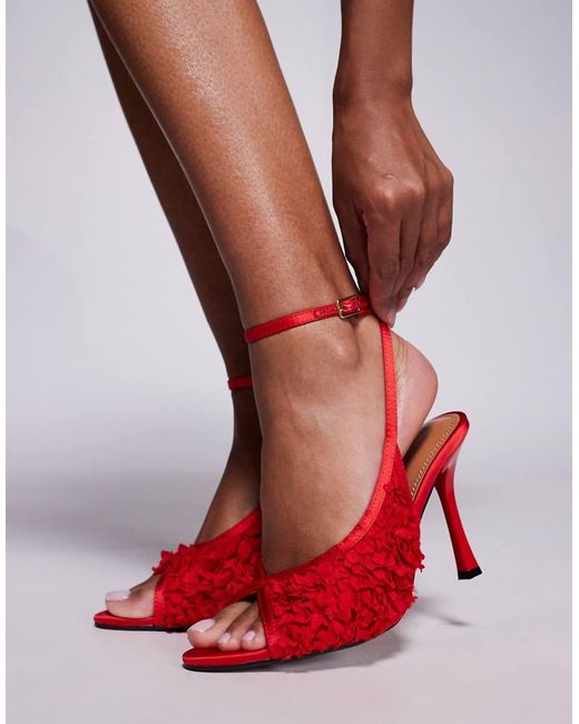 River Island Red Flower Detail Peep Toe Mule Heels
