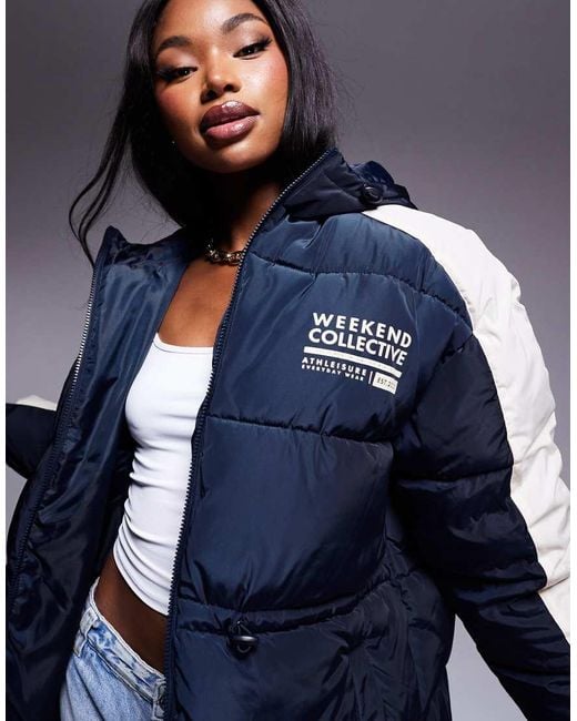 ASOS Blue Weekend Collective Waisted Padded Coat With Logo