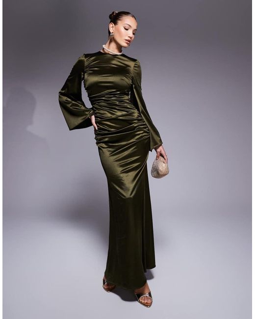 True Violet Green Satin Angel Sleeve Maxi Dress