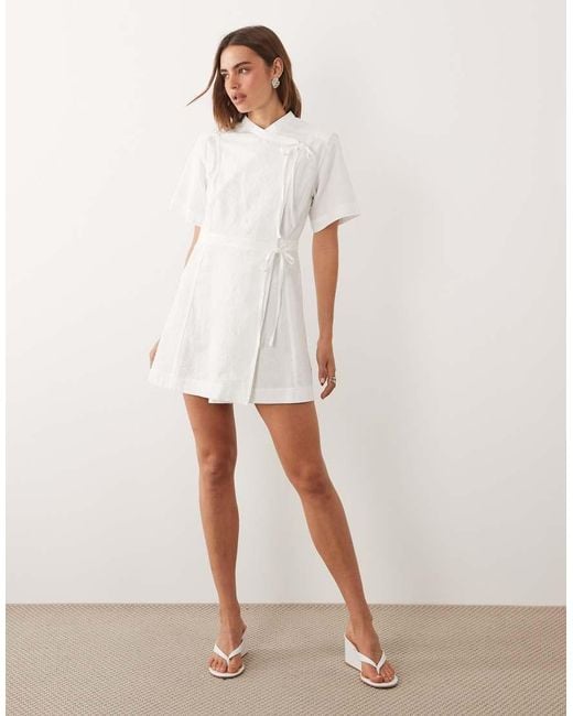 Ghospell White Jacquard Short Sleeve Wrap Bow Detail Mini Dress