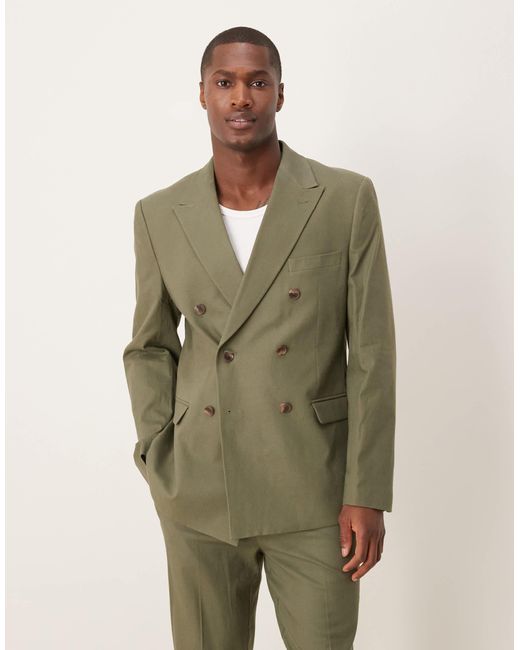 ASOS – zweireihige, schmal geschnittene anzugjacke aus leinenmix in Green für Herren