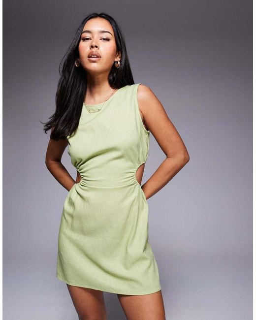 Princess Polly Green Mayzie Linen-blend Cut-out Side Sleeveless Mini Dress