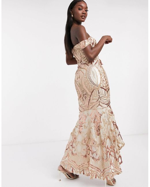bariano high low bandeau maxi dress in metallic jacquard
