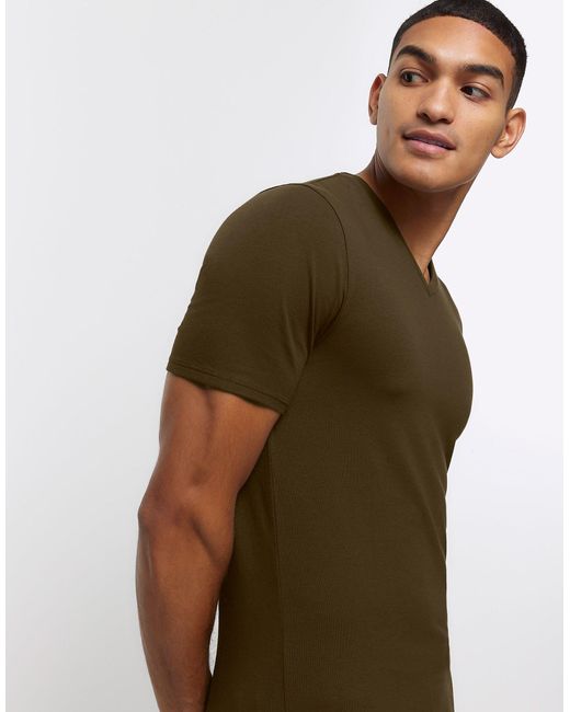 River Island Green Muscle Fit V Neck T-shirt for men