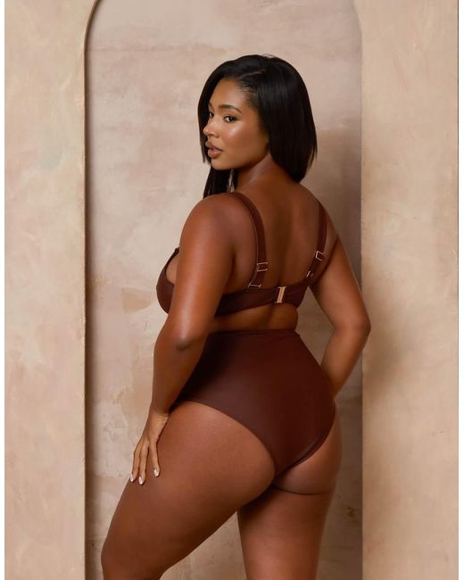 Moda Minx Curve Brown X Alessa Tyrrell-charles Ruched Bikini Bottoms With Faux Gem Detail